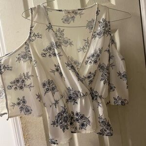 Cold-Shoulder V-Neck Floral Blouse - White with Navy Floral